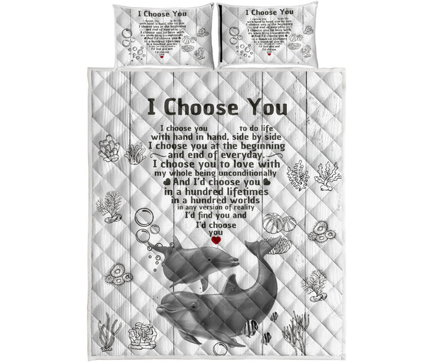 Dolphin Heart I Choose You Quotes Drawn Style Quilt Bed Set- Love Quilt Bedding Set