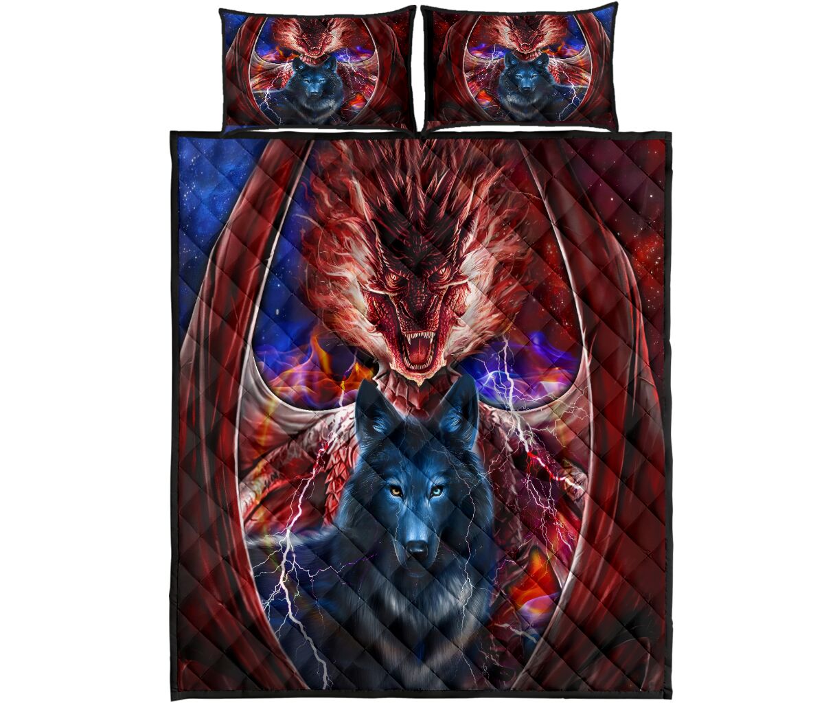 Dragon Fire And Wolf Galaxy Light Style Quilt Bed Set - Love Quilt Bedding Set