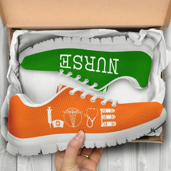 Nurse- Love Green Orange Sneakers, Running Shoes, Shoes For Women, Shoes For Men, Custom Sh- Love Sneakers