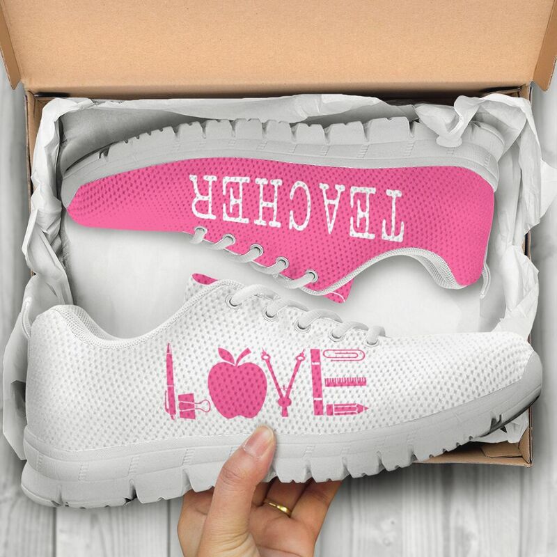 Teacher Love Pink White Shoes Sneakers, Runni- Love Sneakers