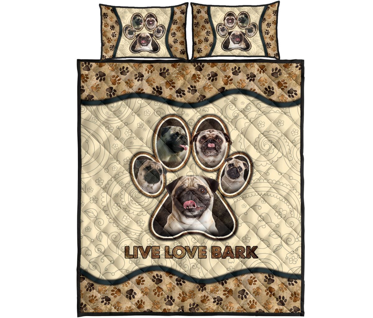 Pug Live Love Bark Vintage - Bed Set - Love Quilt Bedding Set