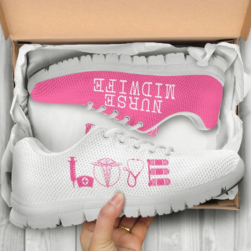 Nurse Midwife- Love Pink White Sneakers, Running Shoes, Shoes For Women, Shoes For Men, Cust- Love Sneakers