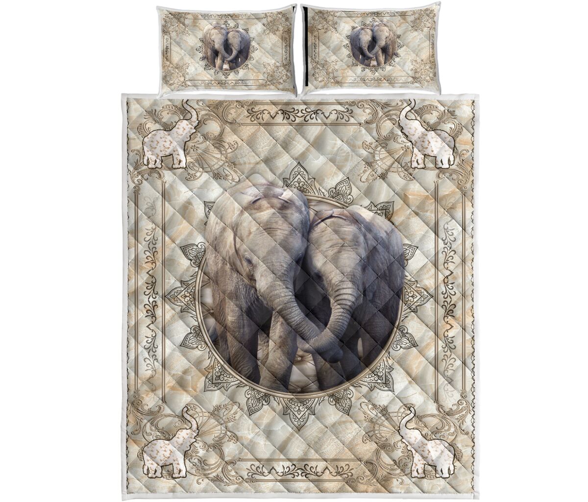 Elephant Love Mandala Ceramic Style Quilt Bed Set - Love Quilt Bedding Set