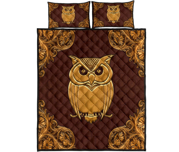 Owl Flying Leather Carving Style Quilt Bed Set - Love Quilt Bedding Set