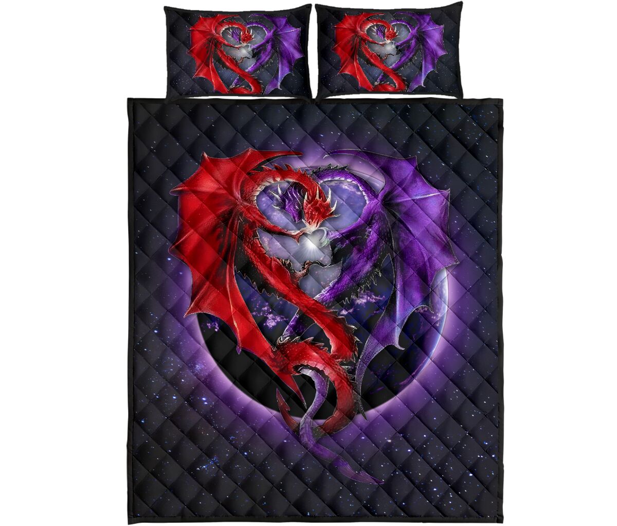 Dragon Red And Purple Light Art Style Quilt Bed Set - Love Quilt Bedding Set