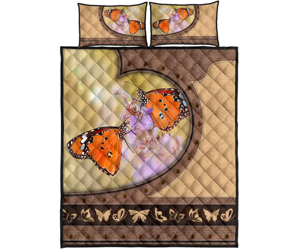 Butterflies Leather Heart Style Quilt Bed Set - Love Quilt Bedding Set