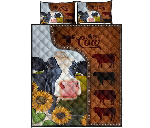 Cow Art Leather Style Quilt Bed Set - Love Quilt Bedding Set