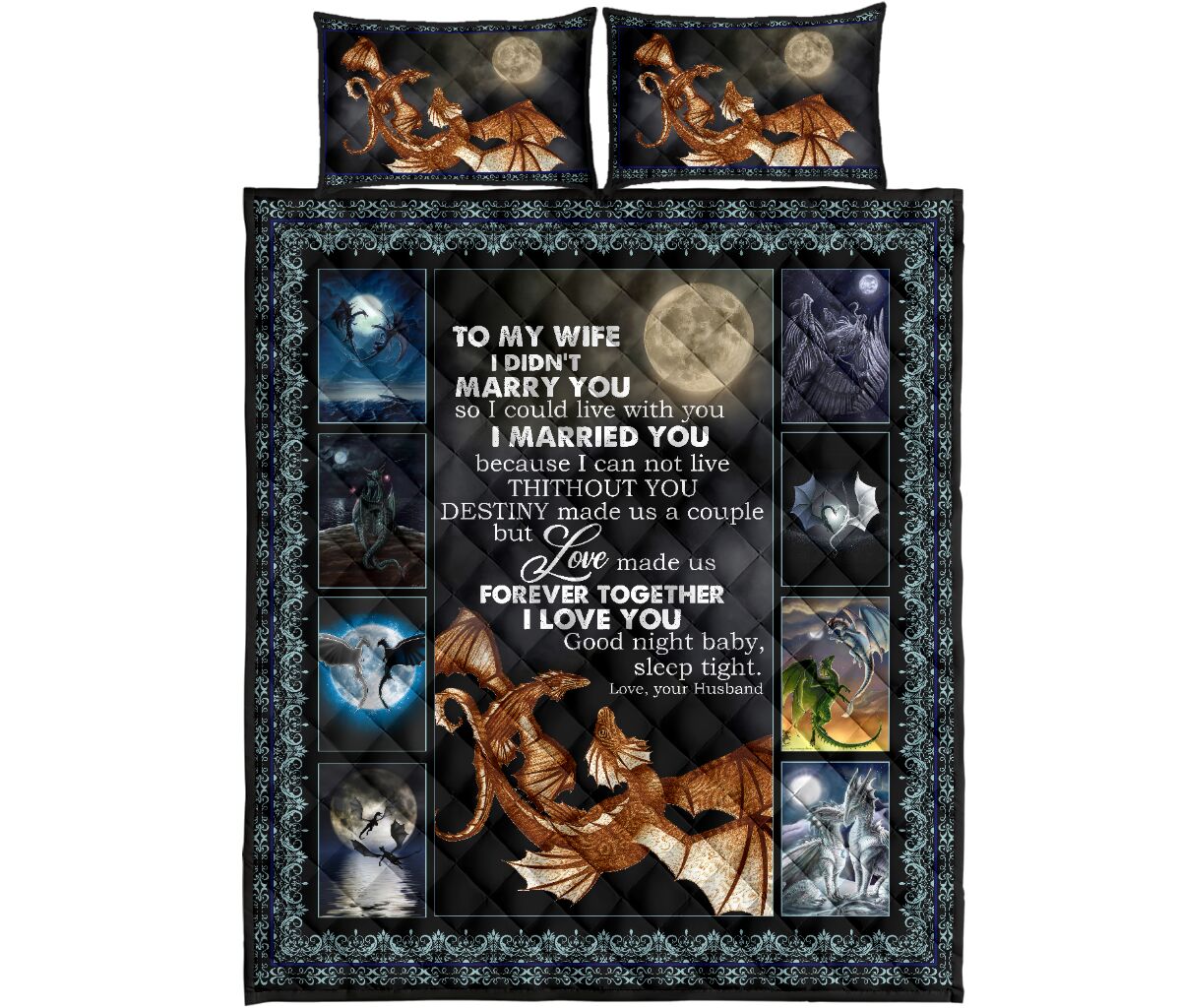 Dragon Love Dark Moon Quilt Bed Set - Love Quilt Bedding Set
