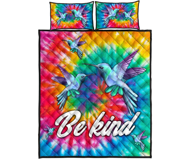 Quilt Bed Set - Hippie Background - Hummingbirds - Be Kind 86 - Love Quilt Bedding Set