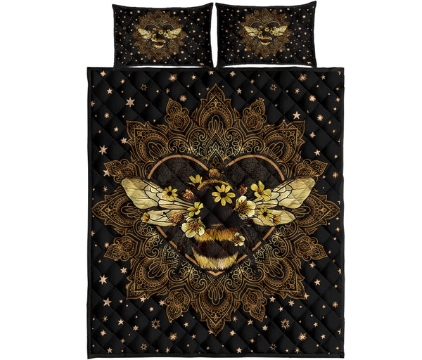 Bee Mandala Gold Art Style Quilt Bed Set - Love Quilt Bedding Set