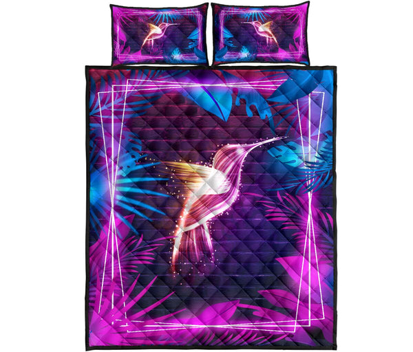 Hummingbird Neon Art Style Quilt Bed Set - Love Quilt Bedding Set