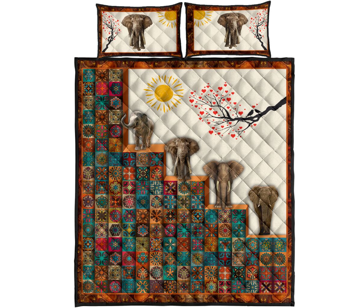 Elephant Sun And Tree Mandala Style Quilt Bed Set - Love Quilt Bedding Set