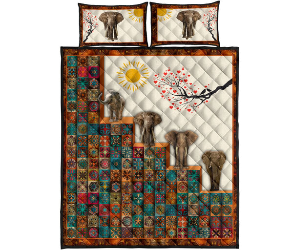 Elephant Sun And Tree Mandala Style Quilt Bed Set - Love Quilt Bedding Set