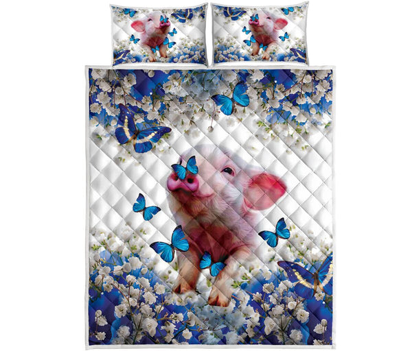 Pig Blue And White Flowers Vertical - Love Quilt Bedding Set