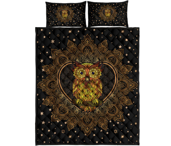 Owl Mandala Gold Art Style Quilt Bed Set- Love Quilt Bedding Set