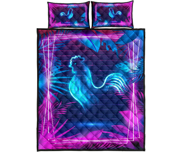 Chicken Neon Art Style Quilt Bed Set - Love Quilt Bedding Set