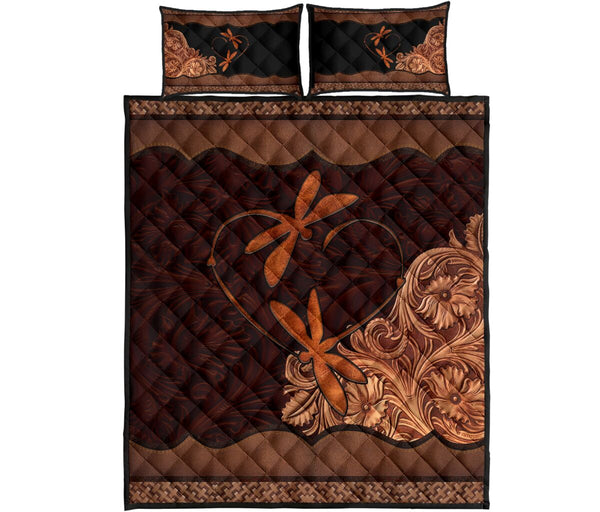 Dragonfly Animal Carving Leather Skin Style Quilt Bed Set - Love Quilt Bedding Set