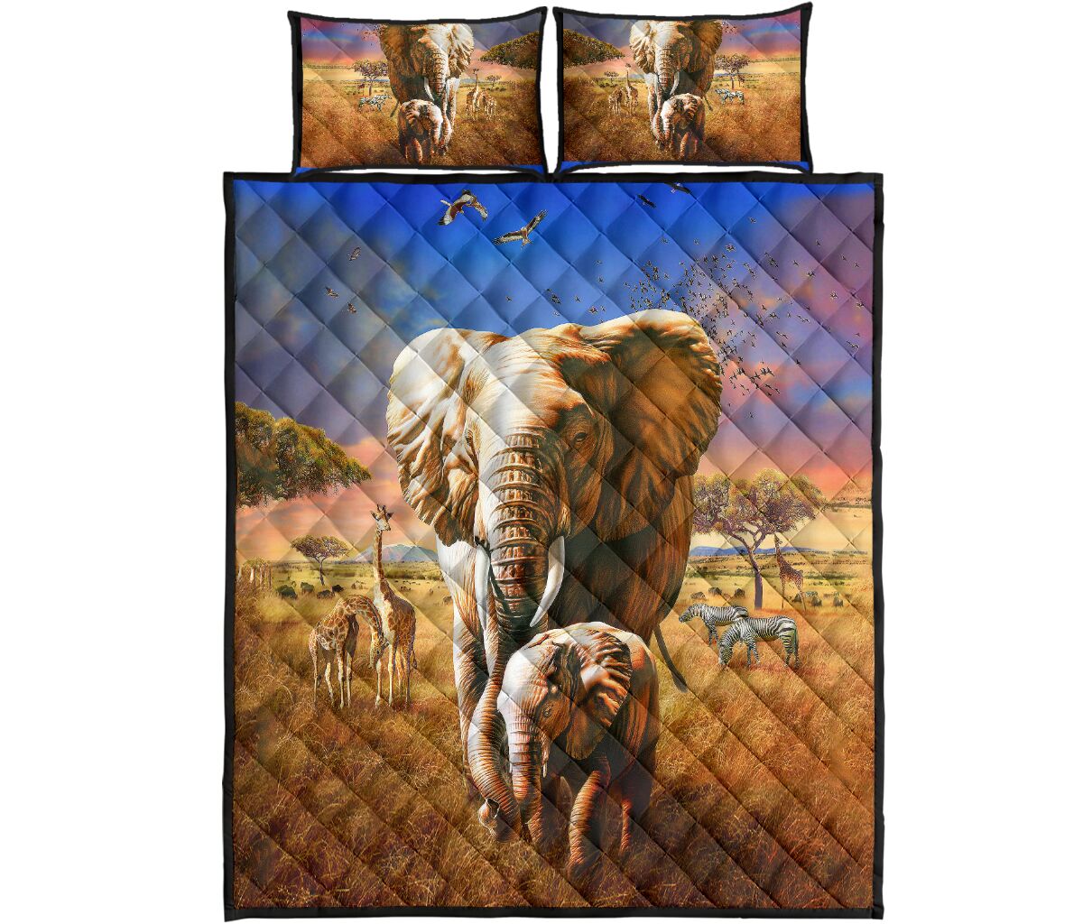Elephant Mom And Baby Art Style Quilt Bed Set - Love Quilt Bedding Set