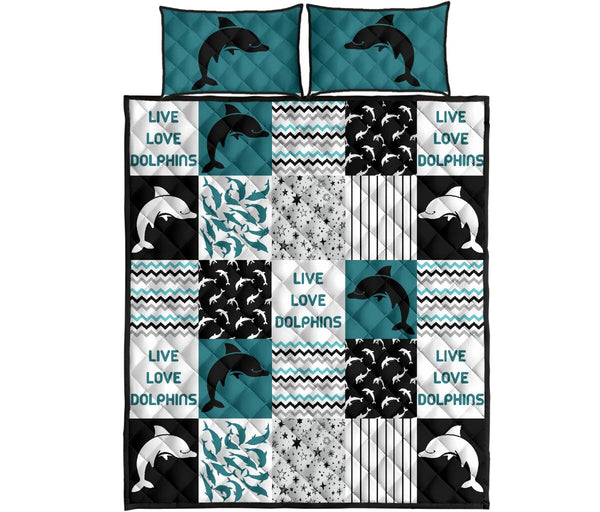 Live Love Dolphins Pattern Quilt Bed Set - Love Quilt Bedding Set