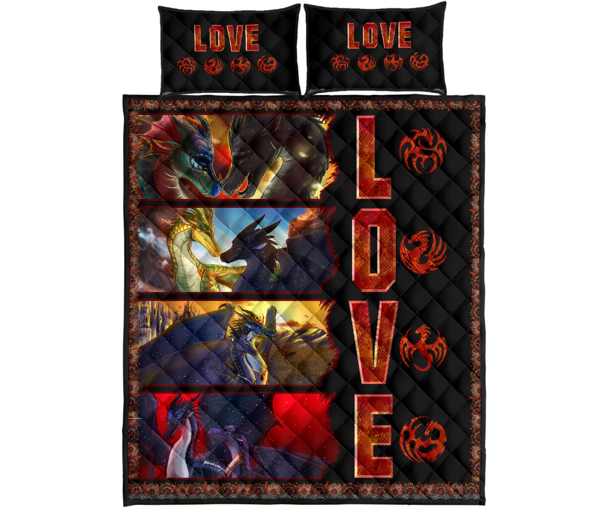 Dragon Fire Art Style Quilt Bed Set - Love Quilt Bedding Set
