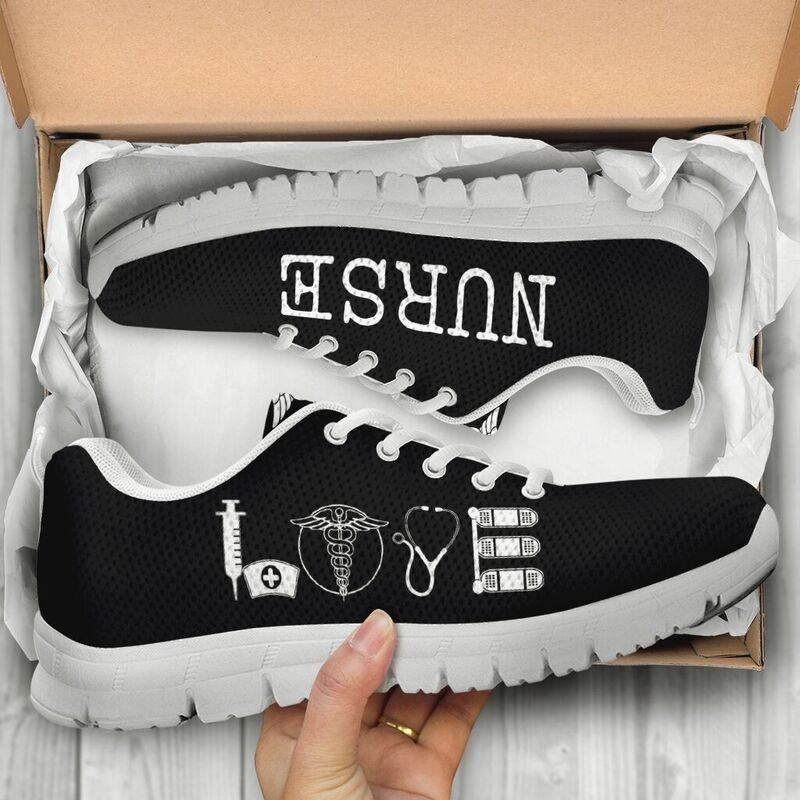 Nurse- Love All Black Sneakers, Running Shoes, Shoes For Women, Shoes For Men, Custom Shoes,- Love Sneakers