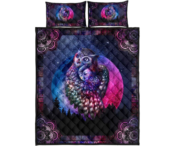 Owl Drawn Galaxy Mandala Flower Style Quilt Bed Set - Love Quilt Bedding Set