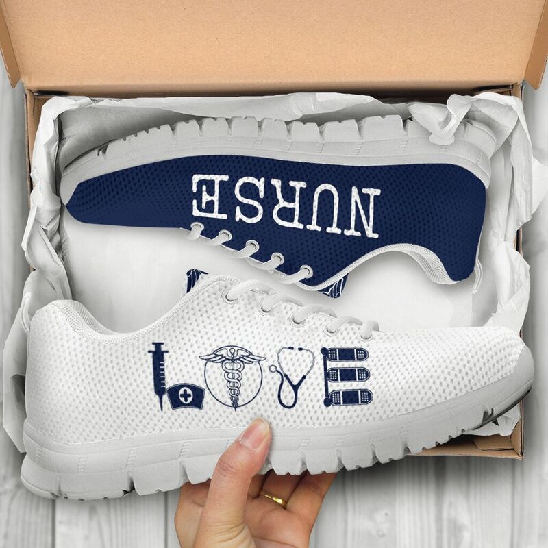 Nurse- Love Dark Blue White Sneakers, Running Shoes, Shoes For Women, Shoes For Men, Custom - Love Sneakers