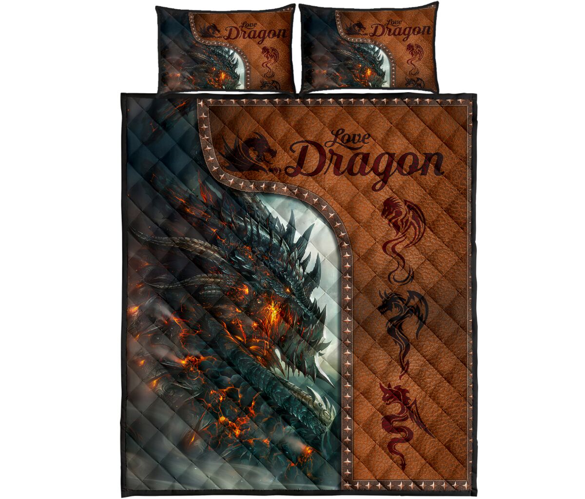 Dragon Art Leather Style Quilt Bed Set - Love Quilt Bedding Set