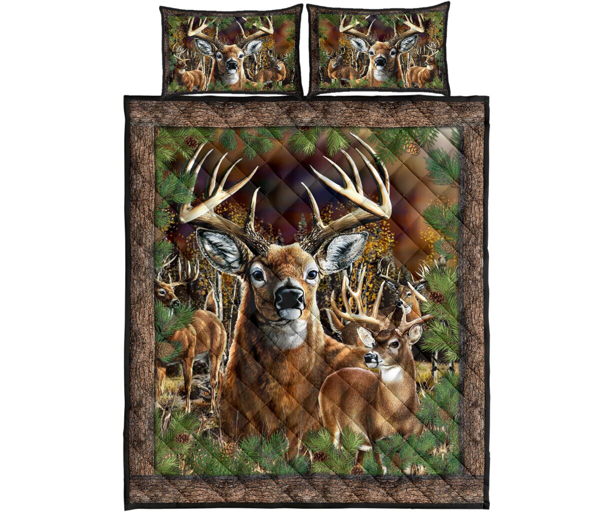 Deer Pine Tree Quilt Bed Set - Love Quilt Bedding Set