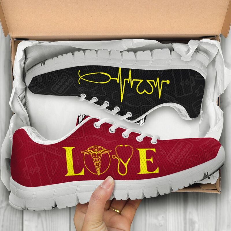 Nurse Love Heartbeat Red Black Sneakers, Running Shoes, Shoes For Women, Shoes For Men, Cust- Love Sneakers