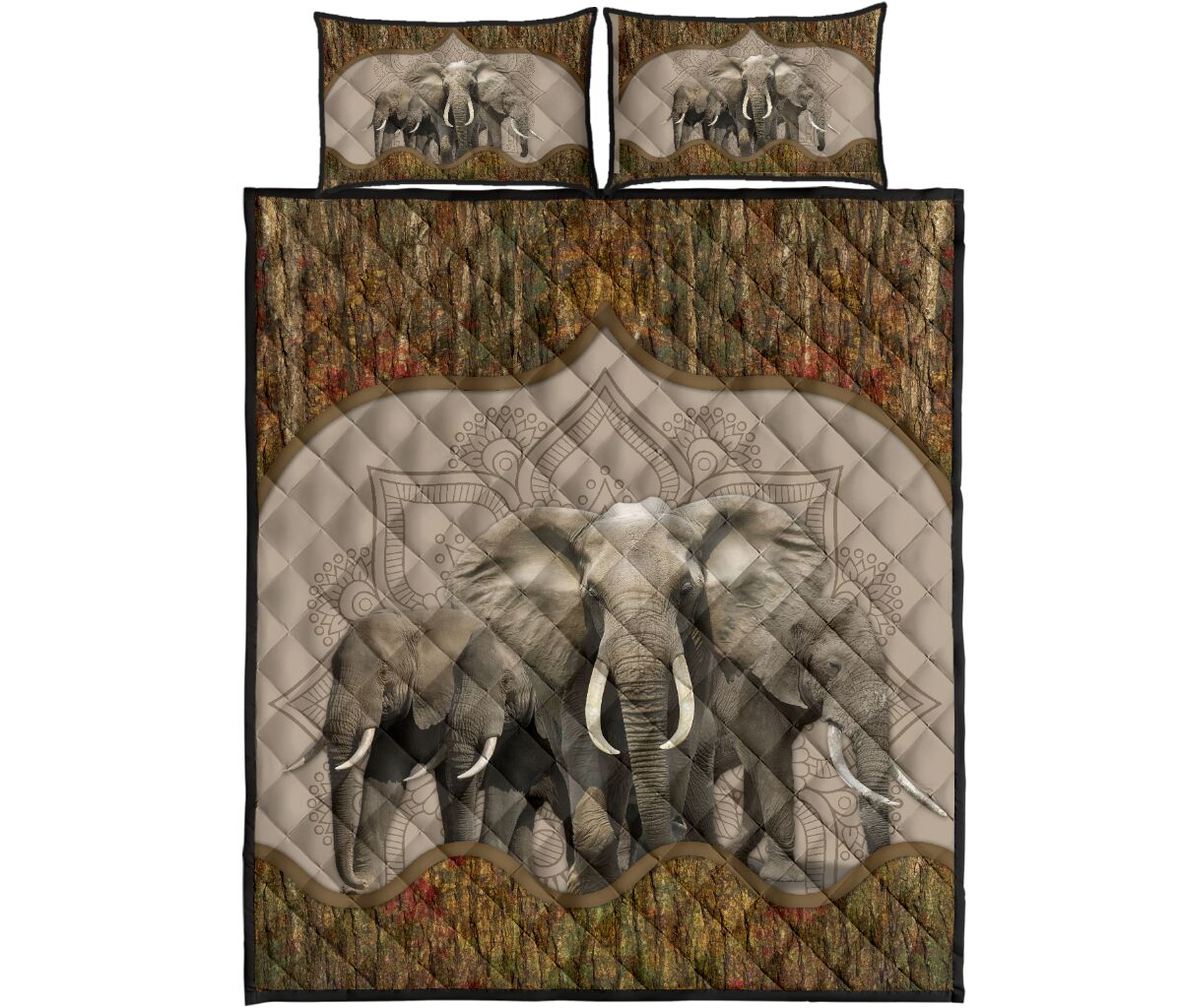 Elephant Tree And Mandala Style Quilt Bed Set - Love Quilt Bedding Set