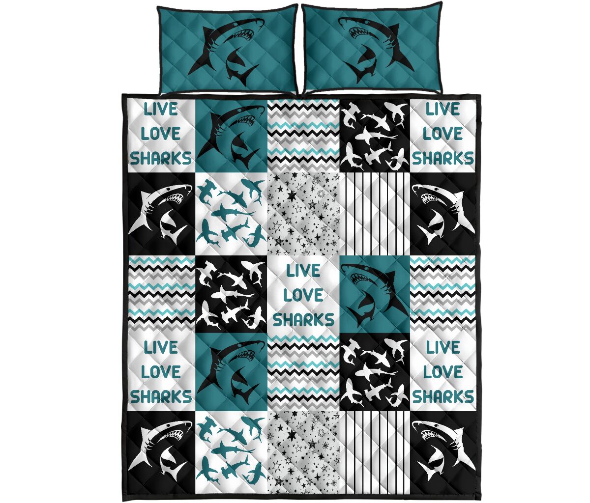 Live Love Sharks Pattern Quilt Bed Set - Love Quilt Bedding Set