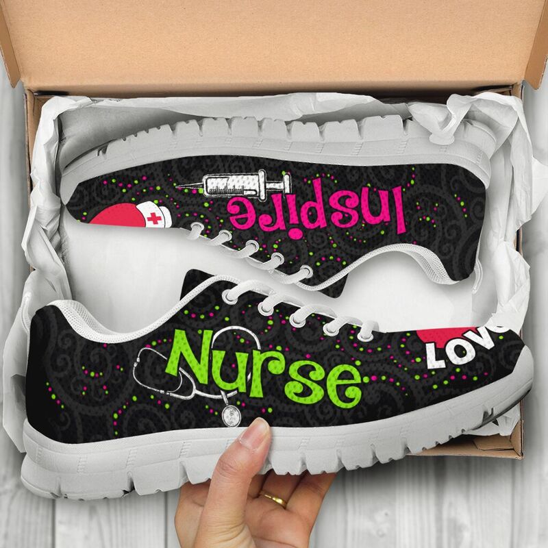 Nurse Love Inspire Black Sneakers, Running Shoes, Shoes For Women, Shoes For Men, Custom Sh- Love Sneakers