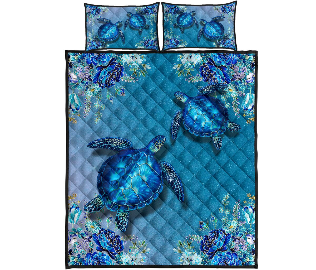 Turtle Galaxy Floral Quilt Bed Set - Love Quilt Bedding Set