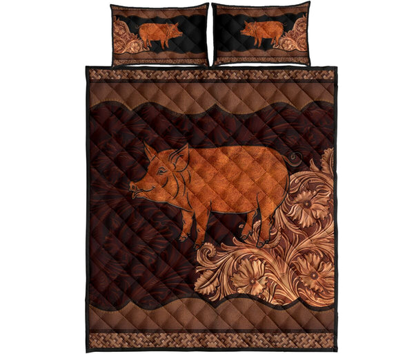 Pig Farm Carving Leather Skin Style Quilt Bed Set - Love Quilt Bedding Set