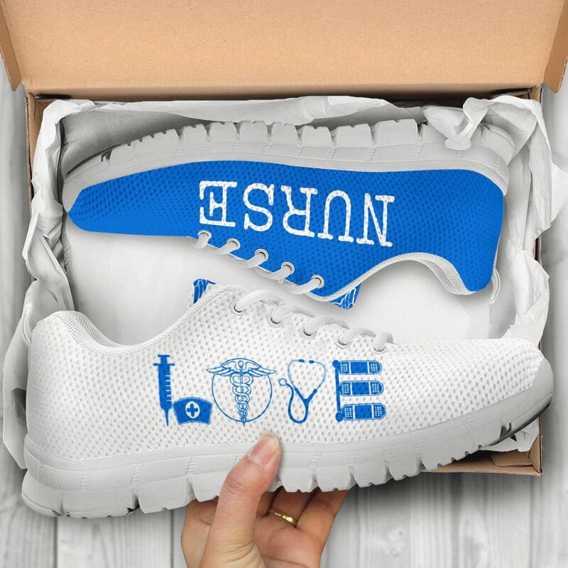 Nurse- Love Blue White Sneakers, Running Shoes, Shoes For Women, Shoes For Men, Custom Shoes- Love Sneakers