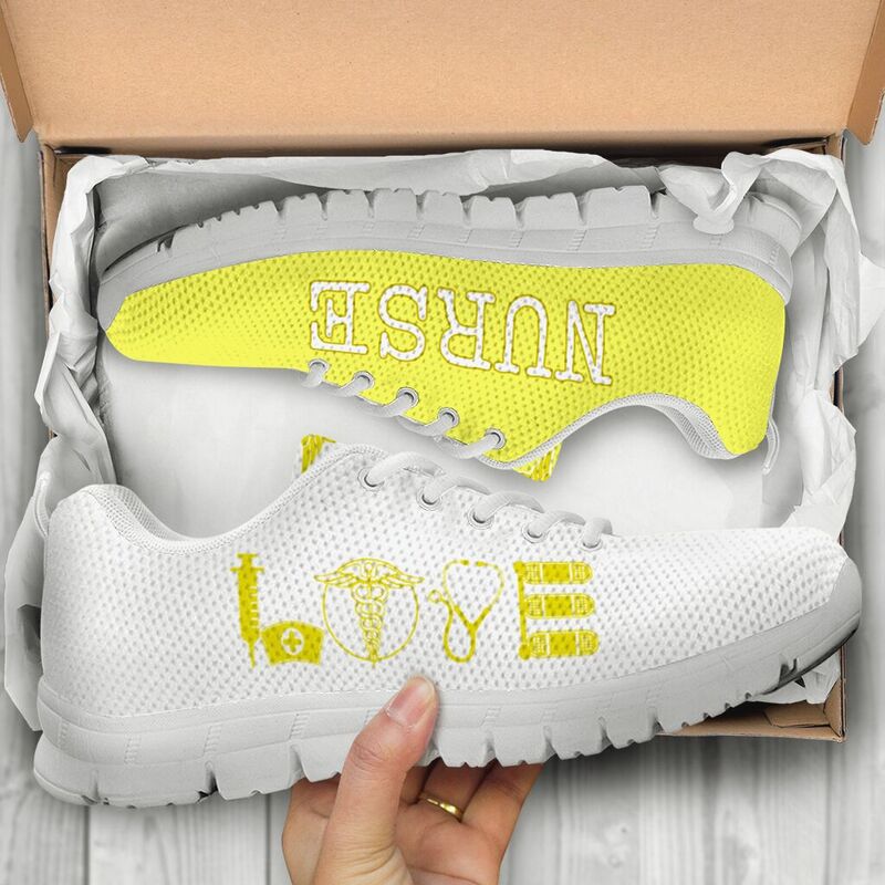 Nurse- Love Fluorescent Yellow White Sneakers, Running Shoes, Shoes For Women, Shoes For Men- Love Sneakers