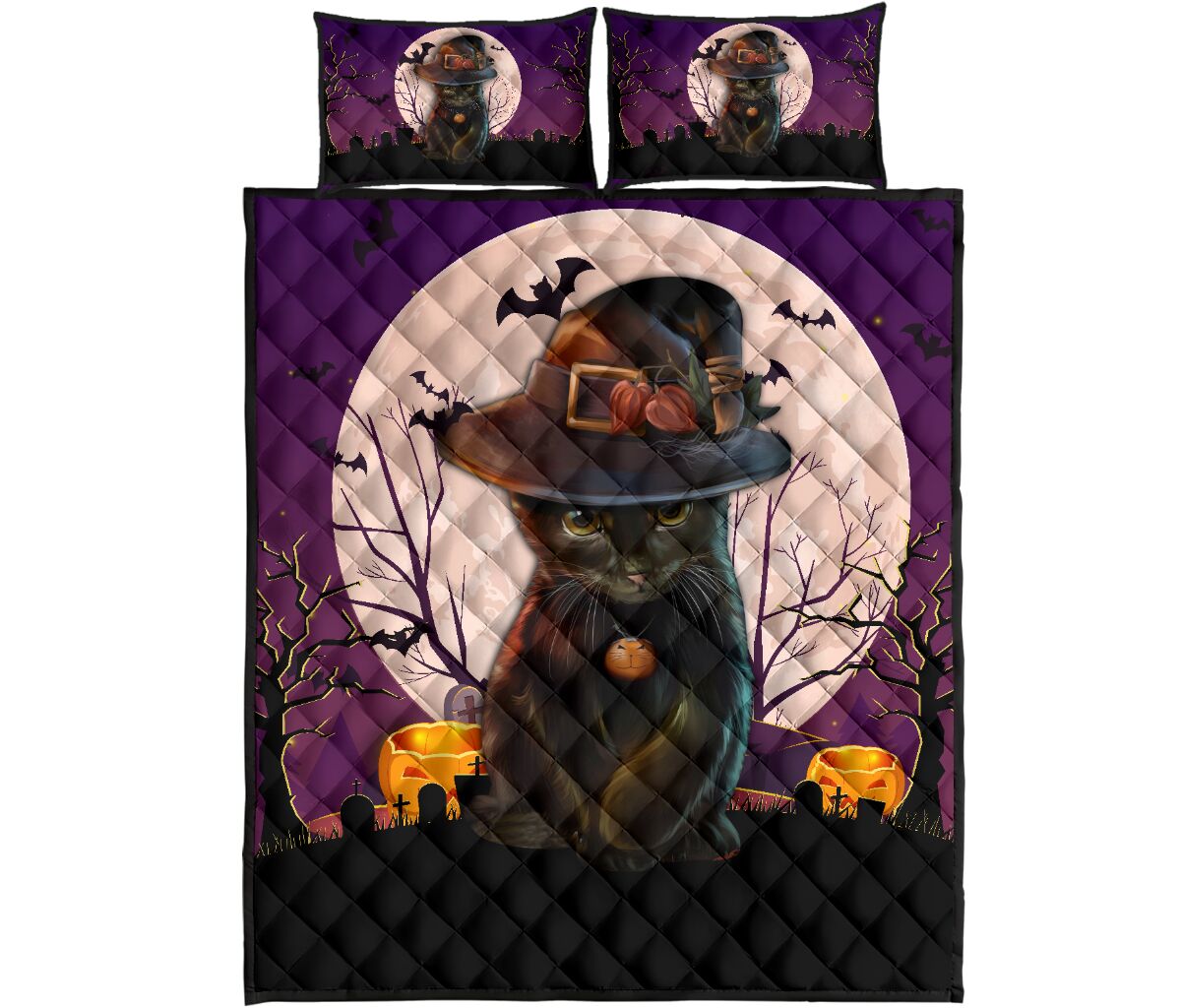 Cat Halloween Art Style Quilt Bed Set - Love Quilt Bedding Set