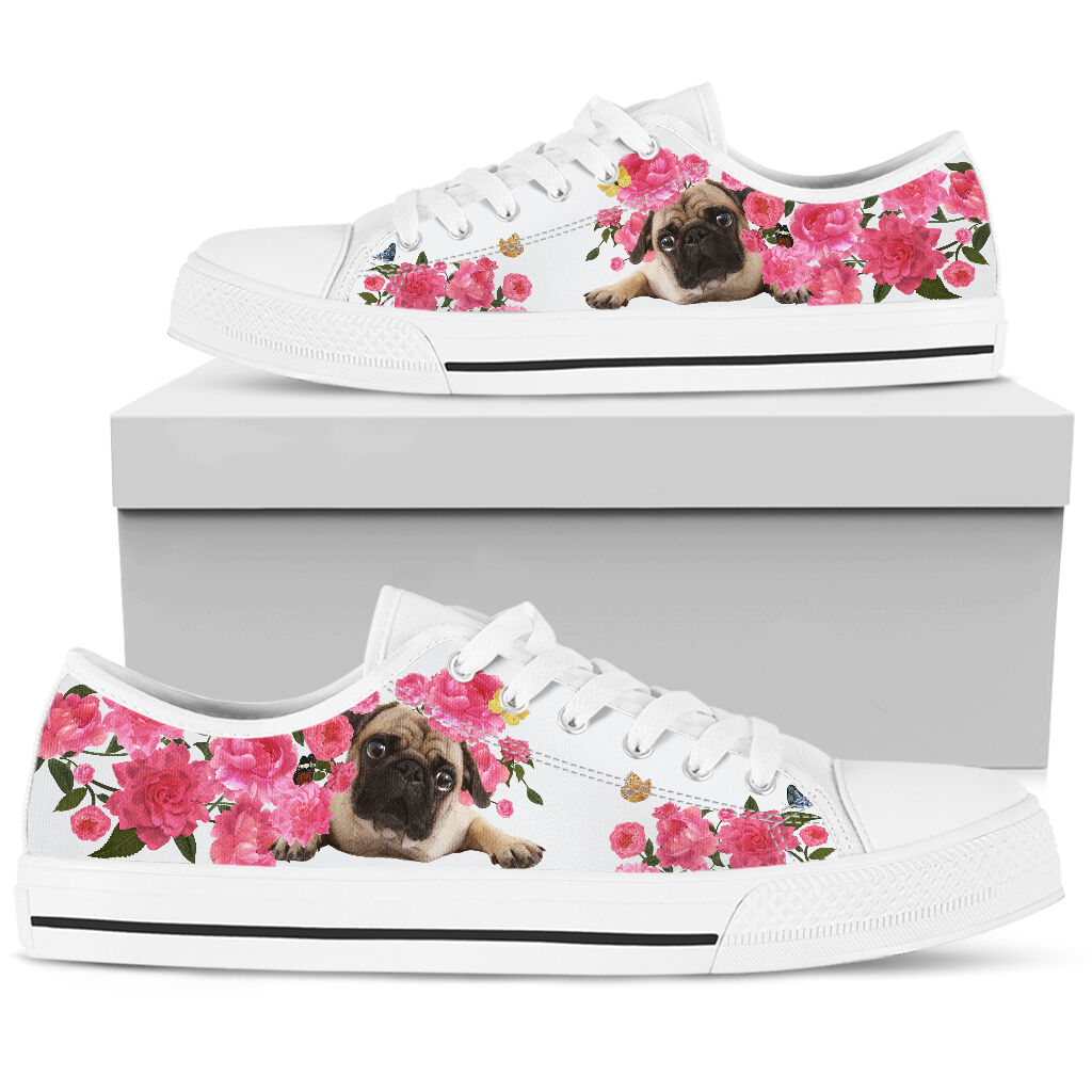 Pug And Flowers - Low Top Shoe - Love Love Top Shoes