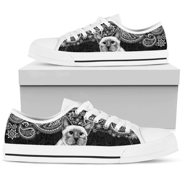 Siamese Cat Paisley Black White Low Top  Shoes