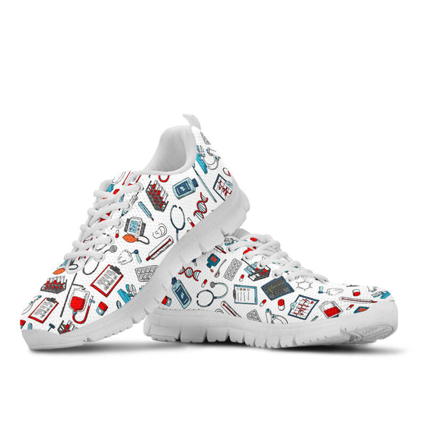 Nurse Pattern White Sneakers, Running Shoes, Shoes For Women, Shoes For Men, Custom Shoes, L- Love Sneakers