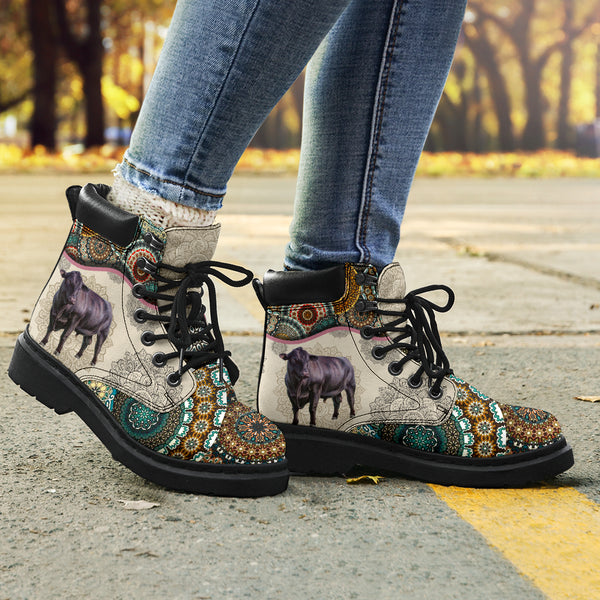 Angus Cattle - Vintage Mandala Asboot Sky - Love All Season Boots