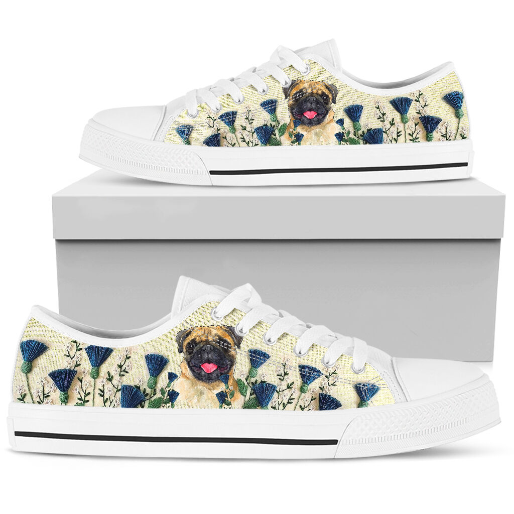 Pug Flower Embroider - Low TopShoe - Love Love Top Shoes
