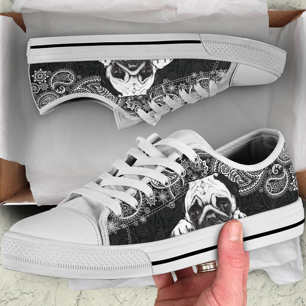 Pug Paisley Black White Low Top  Shoes