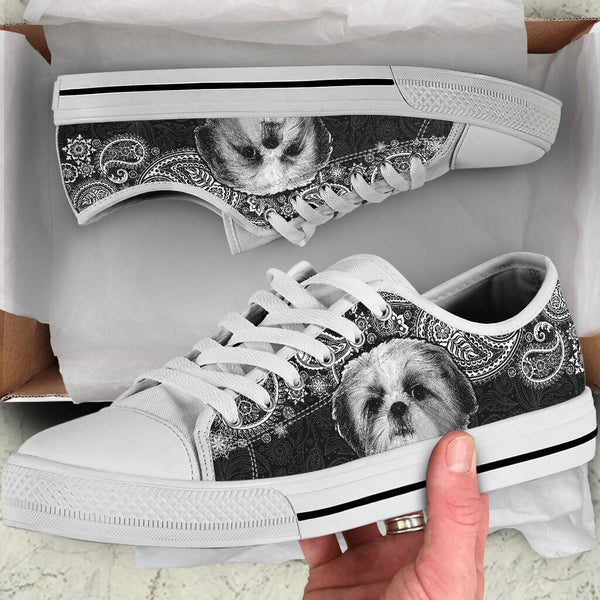 Shih Tzu Paisley Black White Low Top  Shoes