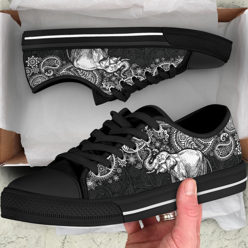 Elephant Paisley Black White Low Top  Black Shoes