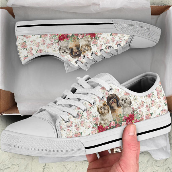 Shih Tzu Flower Background - Low Top Shoe - Love Low Top Shoes