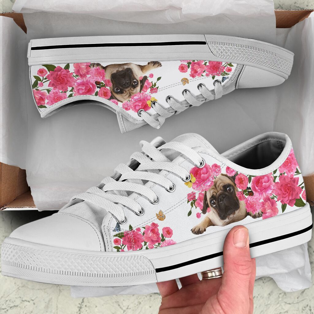 Pug And Flowers - Low Top Shoe - Love Love Top Shoes