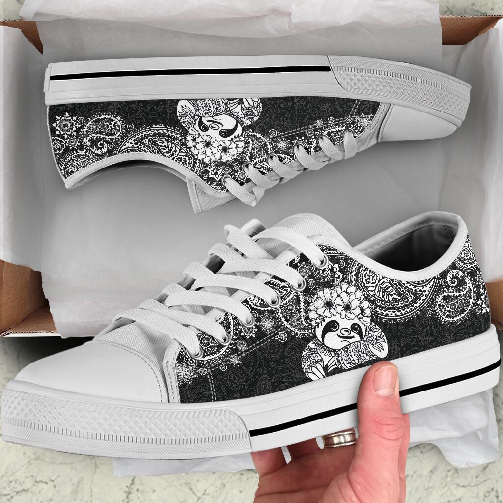 Sloth Paisley Black White Low Top Shoes