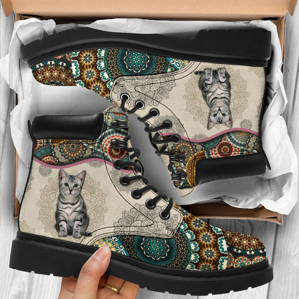 Silver Tabby Cat - Vintage Mandala Asboot Sky Kd- Love All Season Boots